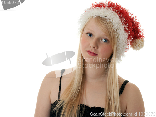 Image of Beautiful blonde girl in a Santa hat