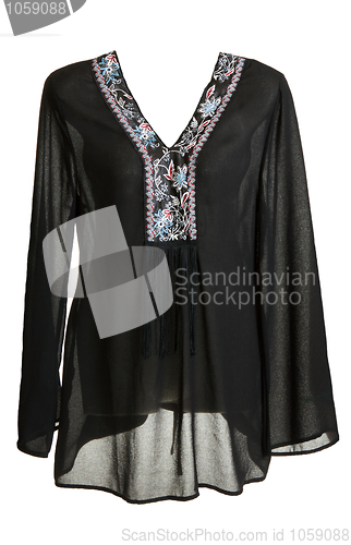 Image of Feminine blackenning blouse with decoration by collar