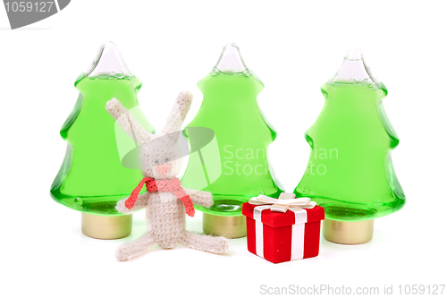 Image of Knitted rabbit and a red box gifts