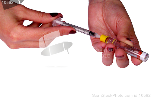 Image of   Woman hands filling a sirringue with a drug (insulin).