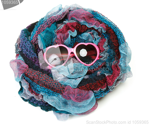 Image of Varicoloured scarf is put around with spectacles