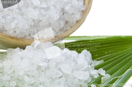 Image of bath salt and palm leaf