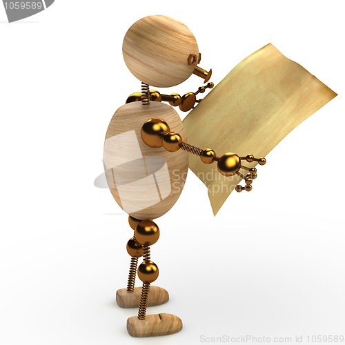 Image of wood man reading the newspaper 3d rendered