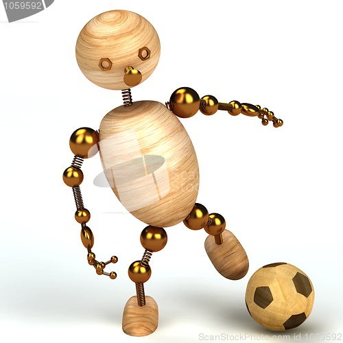 Image of wood man with a football 3d rendered