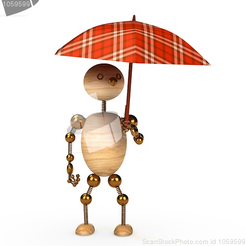 Image of wood man under umbrella 3d rendered