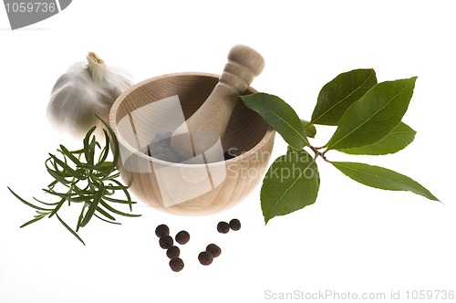 Image of Mortar and pestle, with fresh-picked herbs