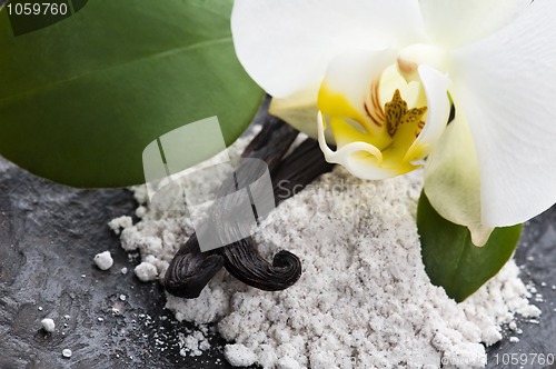 Image of vanilla beans with aromatic sugar and flower