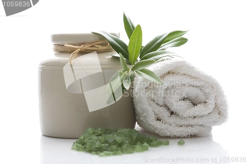 Image of fresh olive branch and bath salt. spa