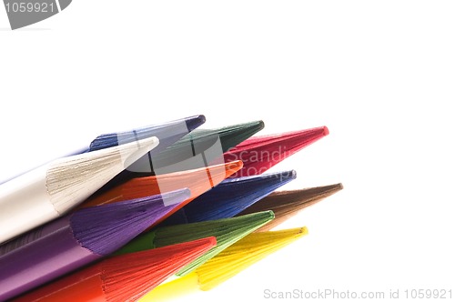 Image of Collection of colorful pens over white background