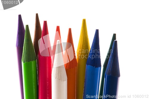 Image of Collection of colorful pens over white background