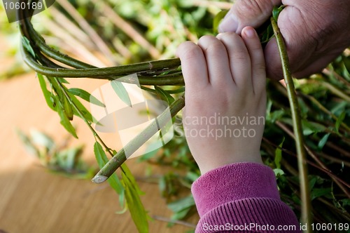 Image of Man teaching child making a wicker basket