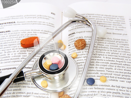 Image of Stethoscope & Drugs on medical book