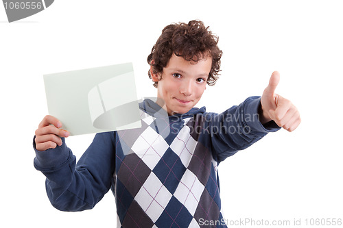 Image of cute boy with a paperboard in hand giving consent, with thumb up