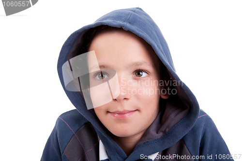 Image of cute boy with hood smiling
