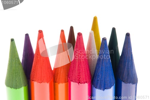 Image of Collection of colorful pens over white background