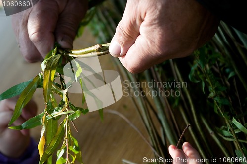 Image of Man teaching child making a wicker basket