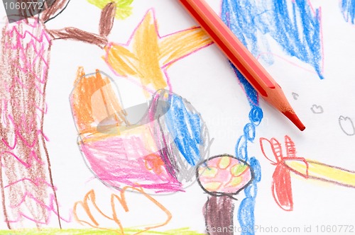 Image of pencil and child drawing. animals