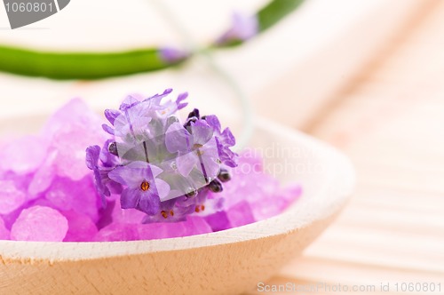 Image of lavender flower and bath salt. spa and wellness