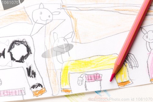 Image of pencil and child drawing. animals