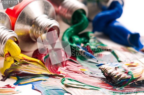 Image of Brush mixing paint on palette