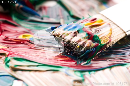 Image of Brush mixing paint on palette 