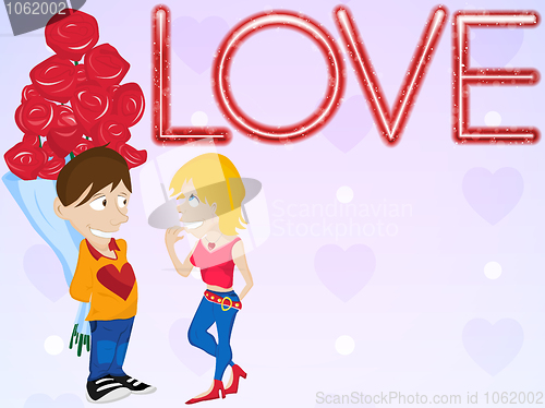 Image of Young Couple in Love with Flowers. Happy Valentine's Day Card.
