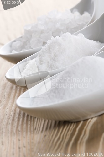 Image of three spoons with different salt 