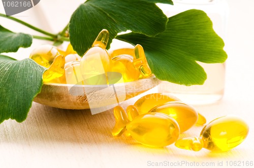 Image of ginko biloba essential oil with fresh leaves - beauty treatment