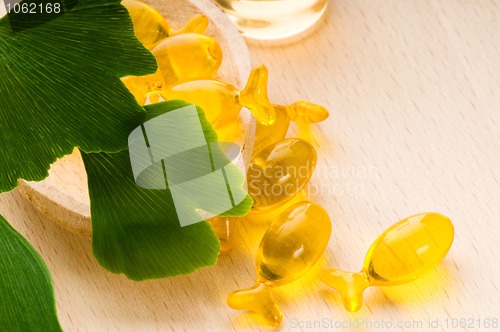 Image of ginko biloba essential oil with fresh leaves - beauty treatment