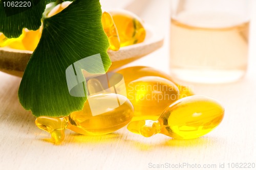 Image of ginko biloba essential oil with fresh leaves - beauty treatment 