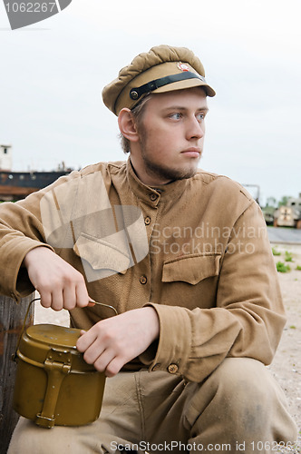 Image of Soldier with boiler in retro style picture