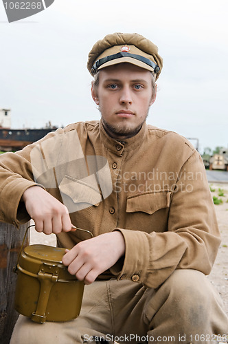 Image of Soldier with boiler in retro style picture