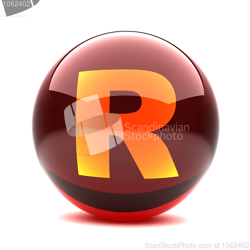 Image of 3d glossy sphere with orange letter - R