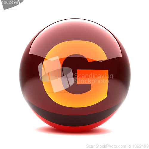 Image of 3d glossy sphere with orange letter - G