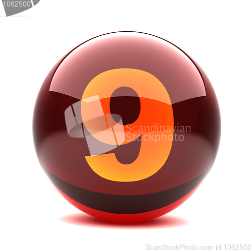 Image of 3d glossy sphere with orange digit - 9