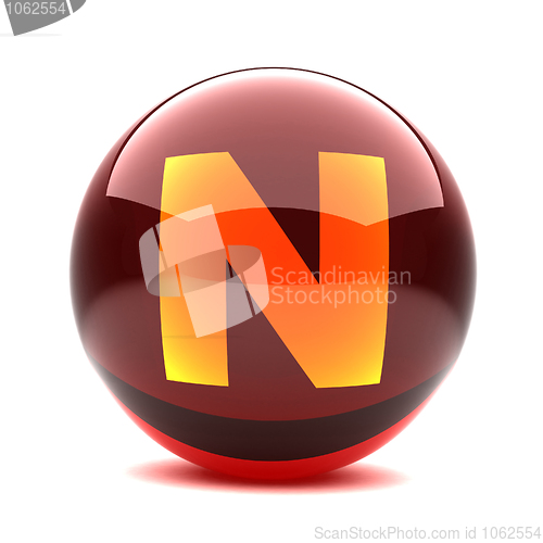 Image of 3d glossy sphere with orange letter - N