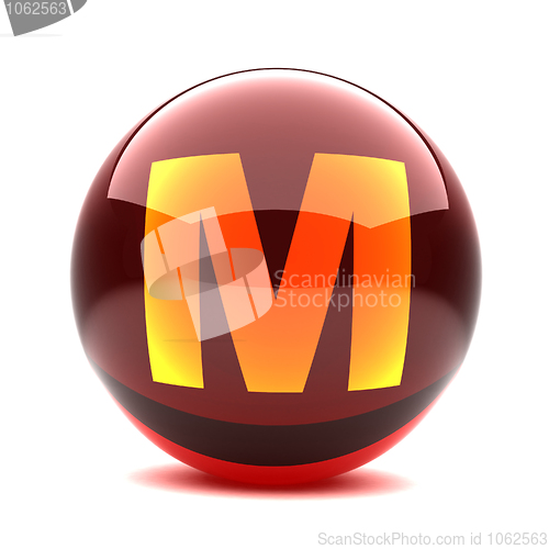 Image of 3d glossy sphere with orange letter - M