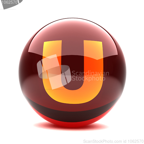 Image of 3d glossy sphere with orange letter - U