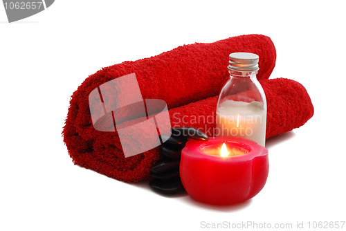 Image of Romantic Valentine Day SPA set with candle including heart shaped towel moisturizer and pebbles
