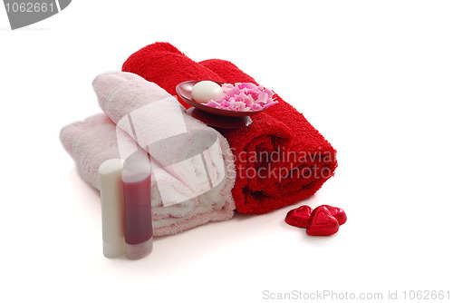 Image of Romantic Valentine Day SPA set with two heart shaped towels