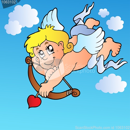 Image of Cupid shooting with bow on blue sky
