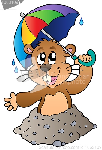 Image of Cartoon groundhog with umbrella