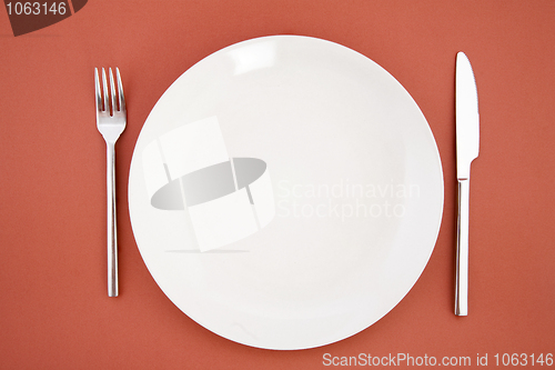 Image of Knife, white plate and fork