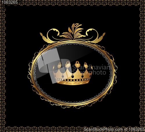 Image of gold ornament with crown on black background