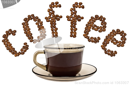 Image of Word of coffee beans with a cup of coffee