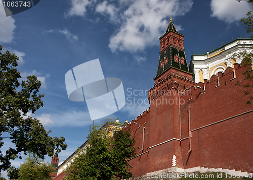 Image of Rampart with tower of the Kremlin.