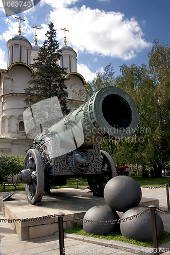 Image of Historic canon and balls in front of a church at the Kremlin.