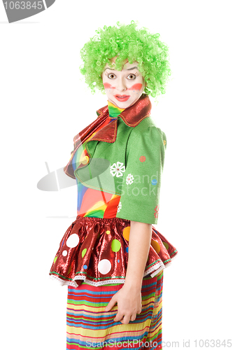 Image of Portrait of a surprised female clown