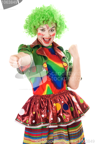 Image of Portrait of joyful female clown. Isolated