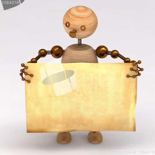 Image of Wood man holding a blank board